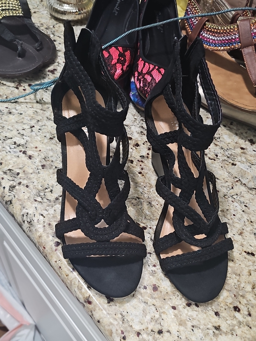 Women's Size 9 Black Braided Strappy High Heel Sandals Brand New